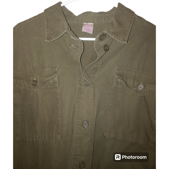 No Boundaries Army Green Utility Denim Jacket XL Y2K Stretch Waist Cargo Style - Picture 3 of 8